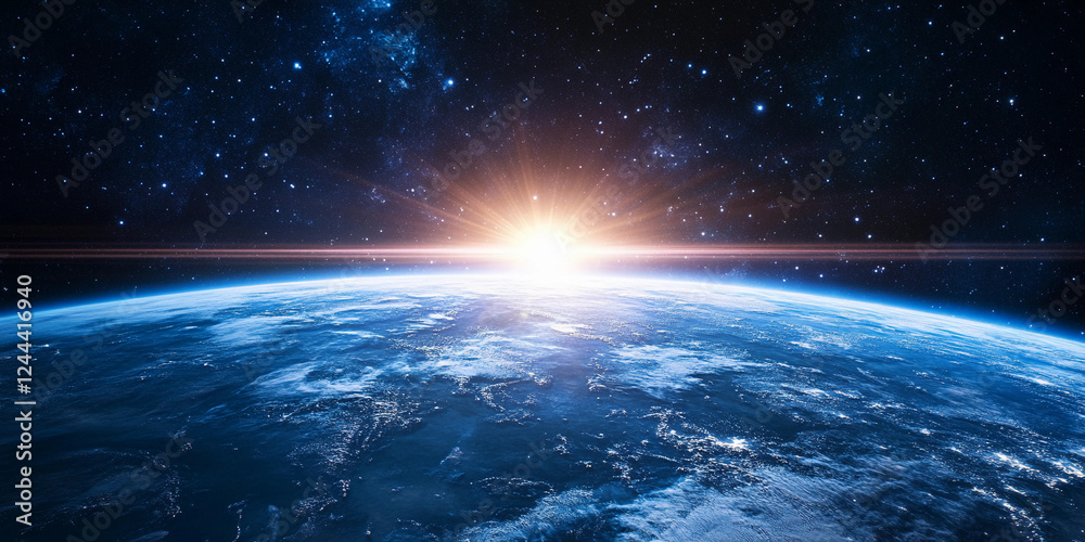 Fototapeta premium Orbital view of Earth with sunrise illuminating the horizon over vast oceans and land masses in a stunning display of colors. Generative AI