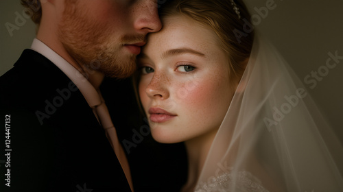 Portrait intime de jeunes mariés, mariée rousse aux taches de rousseur et voile délicat, style moody photo