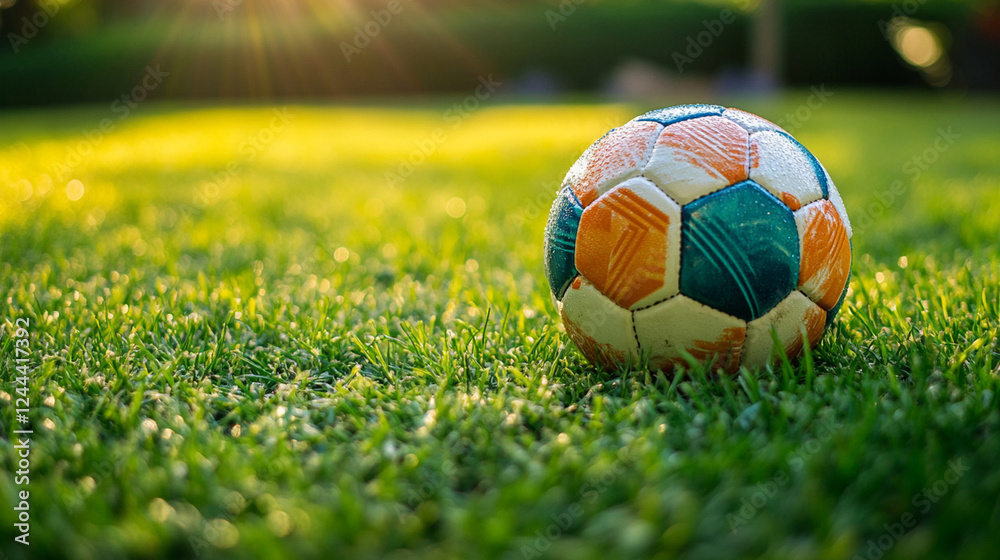 Fototapeta premium Classic soccer ball resting on lush green grass in warm golden sunlight, sports photography capturing outdoor energy and motion