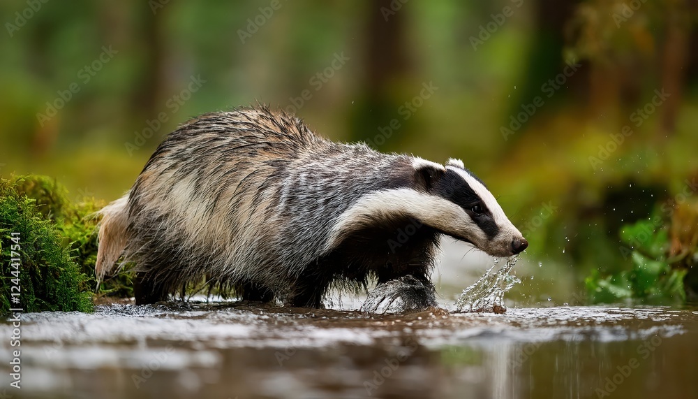 Obraz premium Majestic European Badger Basking in Autumnal Forest under Sunlit Canopy, Capturing the Charm of German Woodlands