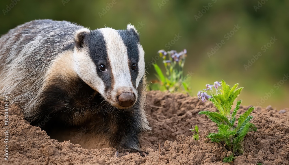 Fototapeta premium Majestic Wild Badger Emerges at Dawn from Its Burrow Amidst the Lush English Countryside, Showcasing the Agility and Power of this Elegant Creature.