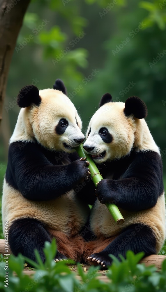 Naklejka premium Two pandas munching bamboo together, Chengdu Zoo , food, adorable