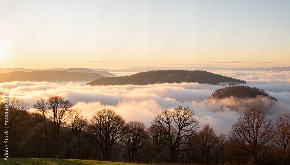 Fototapeta premium Silhouettes of bare trees above misty hills at sunrise, serene atmosphere