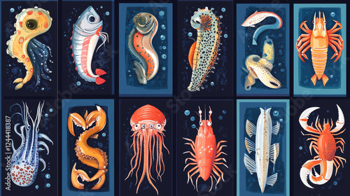 Seafood and fishing vector retro banners. Underwater animals puffer fish, squid and crab with shrimps and cuttlefish, exotic restaurant or fish market production, open ocean fishing vintage cards set photo