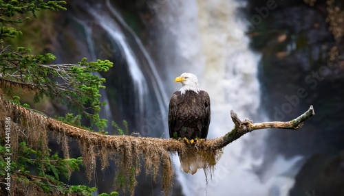 Fototapeta Naklejka Na Ścianę i Meble -  Majestic Bald Eagle Haliaeetus leucocephalus Perched on a Tree Branch near a Thundering Waterfall in the Fjordlands, Capturing the Power and Beauty of Nature at Dawn