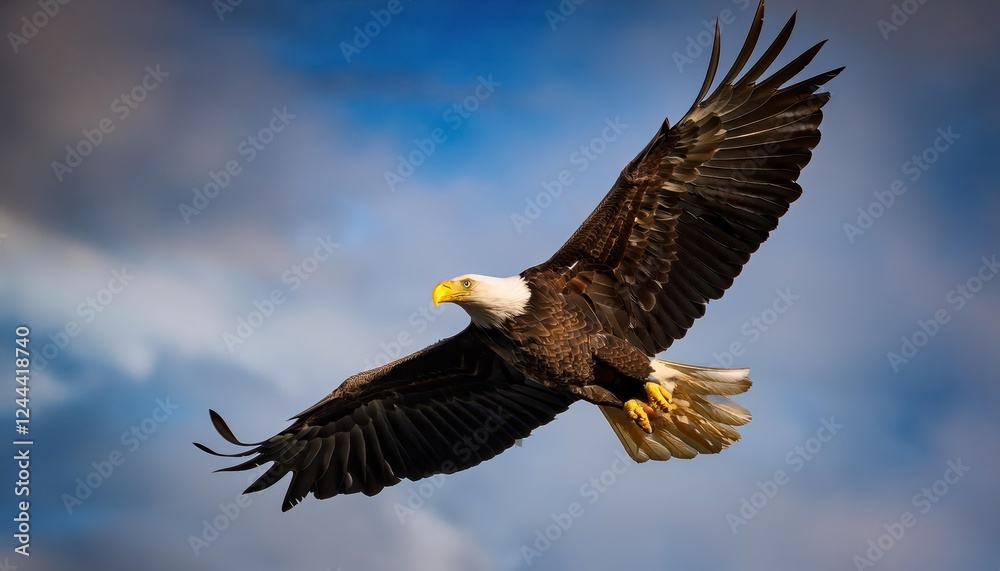 Majestic Bald Eagle Soaring over a Snowy Landscape Powerful Bird of Prey Pursuing Its Prey Amongst the Frosty Mountains, Showcasing Stunning Winter Wildlife in North America. Majestic Bald Eagle Soaring over a Snowy Landscape Powerful Bird of Prey Pursuing Its Prey Amongst the Frosty Mountains, Showcasing Stunning Winter Wildlife in North America.