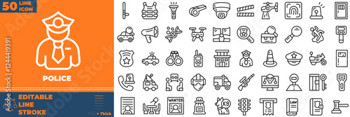 Police Line Editable Icons set. Vector illustration in modern thin line style of police icons: badge, jail, arrest, investigate, handcuffs, etc