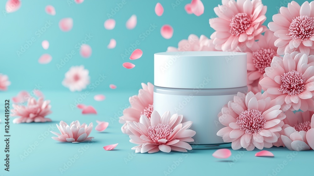 High-end skincare jar mockup with a glowing lid aluminum finish, surrounded by pink flower petals, dreamy and romantic atmosphere High-end skincare jar mockup with a glowing lid aluminum finish, surrounded by pink flower petals, dreamy and romantic atmosphere