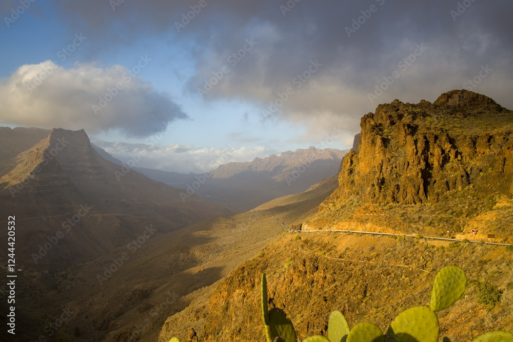 Winding road through a mountainous landscape in Gran Canaria. Mirador Astronomico de la Degollada de las Yeguas