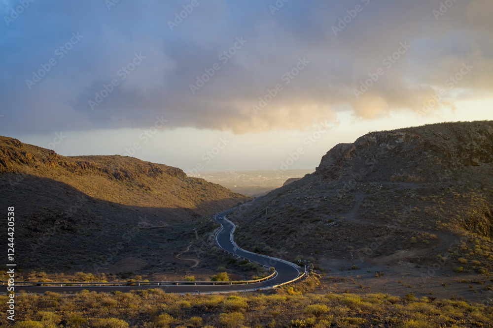 Winding road through a mountainous landscape in Gran Canaria. Mirador Astronomico de la Degollada de las Yeguas