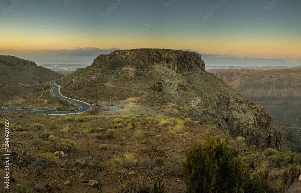 Winding road through a mountainous landscape in Gran Canaria. Mirador Astronomico de la Degollada de las Yeguas