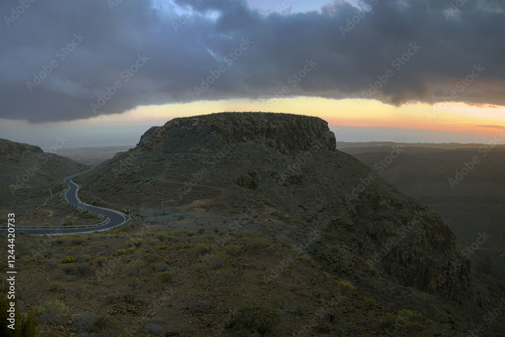 Winding road through a mountainous landscape in Gran Canaria. Mirador Astronomico de la Degollada de las Yeguas