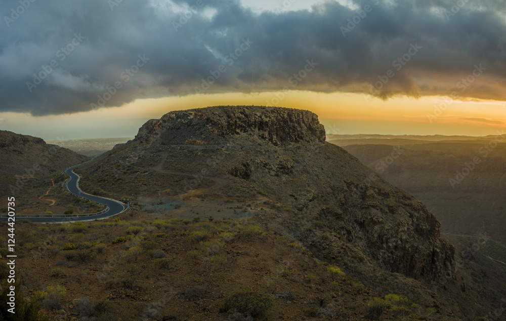 Winding road through a mountainous landscape in Gran Canaria. Mirador Astronomico de la Degollada de las Yeguas