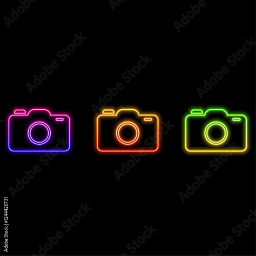 Photo camera neon sign sign. Bright photography camera symbol. Vector illustration.