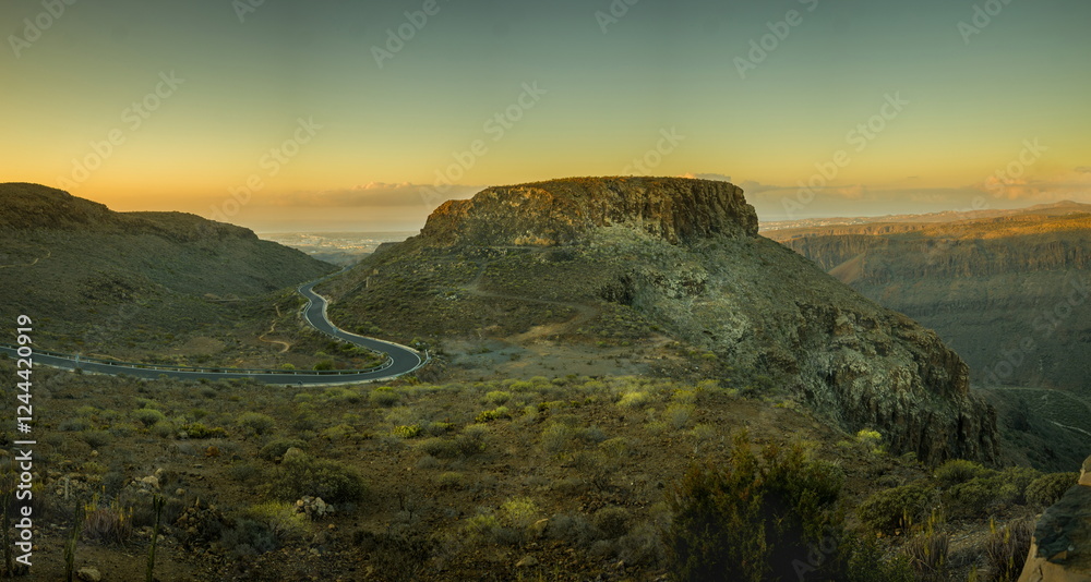 Winding road through a mountainous landscape in Gran Canaria. Mirador Astronomico de la Degollada de las Yeguas