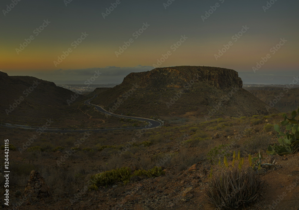 Winding road through a mountainous landscape in Gran Canaria. Mirador Astronomico de la Degollada de las Yeguas
