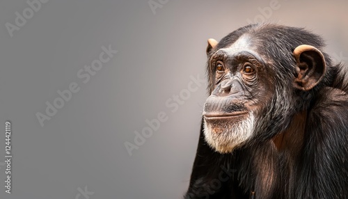 Vibrant and Intelligent Closeup Portrait of a SmartLooking Chimpanzee with Captivating Eye Contact, Set Against a Solid Background. photo