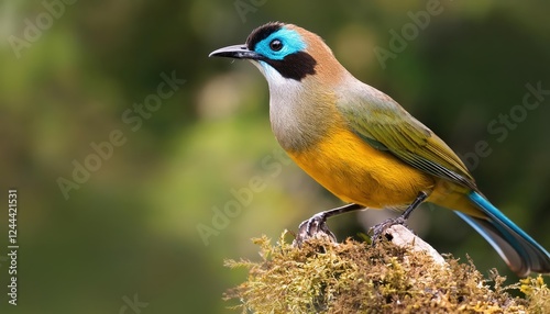 Striking Barethroated Bellbird Procnias nudicollis in South American Rainforest, Displaying Vivid Plumage against a Lush Green Backdrop at Dusk photo