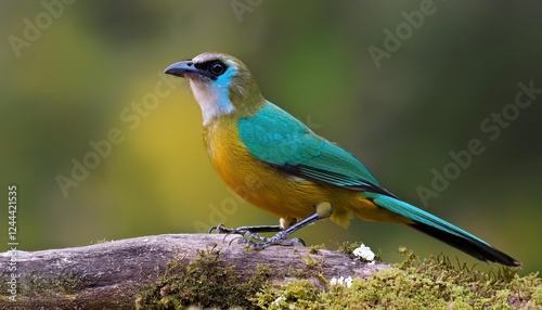 Striking Portrait of the Vibrant Barethroated Bellbird, Perched Against Lush Tropical Rainforest Backdrop, Showcasing its Vivid Colors and Majestic Beauty in South America photo