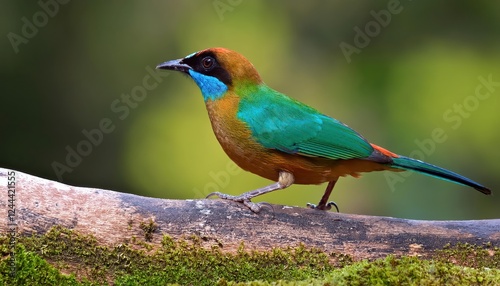 Striking Barethroated Bellbird Procnias nudicollis Perched on a Vibrant Tropical Flower, Captured in the lush South American Rainforest with Vivid Green Foliage and Bright Red Berries photo