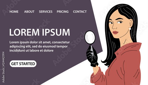 Beautiful young woman detective wearing a magnifying glass in his hand. Search, investigation and evidence. Agent spy. Vector art illustration. Banner and website