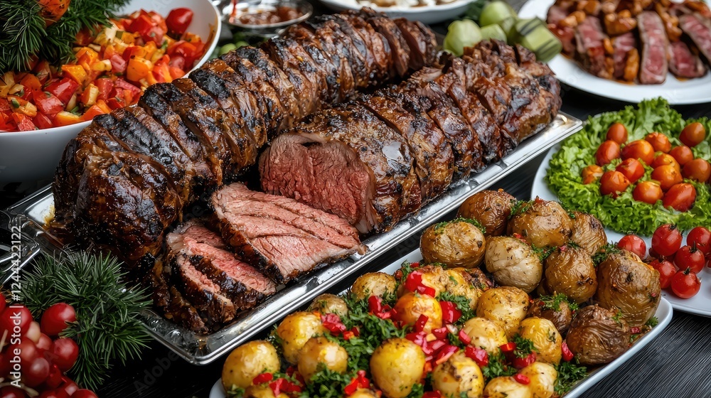Roasted beef, potatoes, and salad buffet