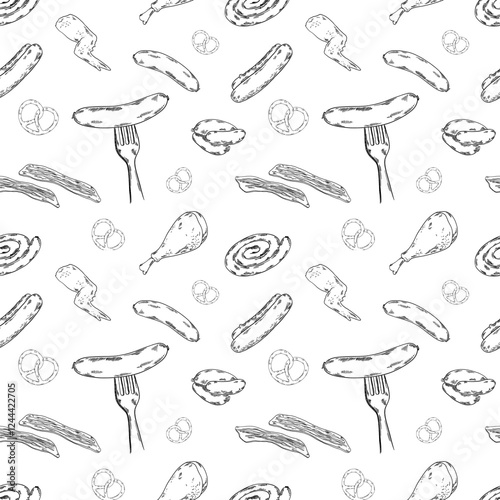 Barbecue bbq seamless pattern for textile or wrapping paper with sausages, bacon, pork, chicken, pretzel, beer snacks and other unhealthy meal for pub bar restaurant menu, meat snacks, fork, food 