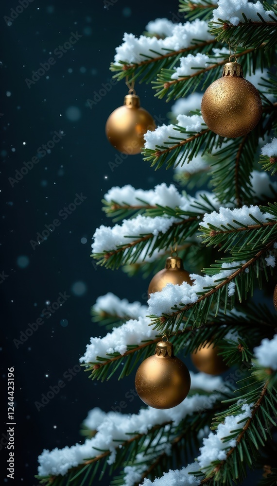 Obraz premium Snowy evergreen branches with golden ornaments against dark background, frost, twinkling