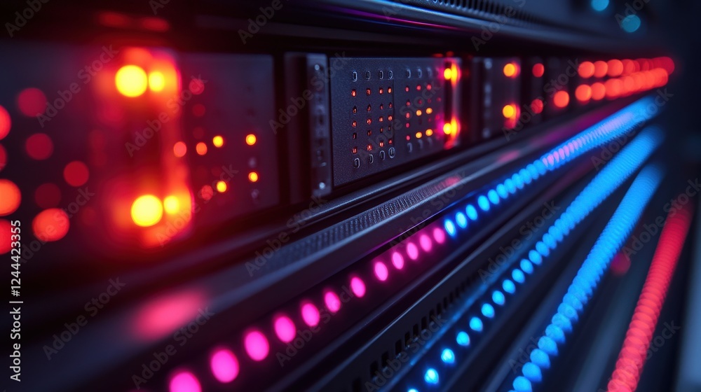 Close-up of illuminated server racks showcasing vibrant LED indicators in a data center Close-up of illuminated server racks showcasing vibrant LED indicators in a data center