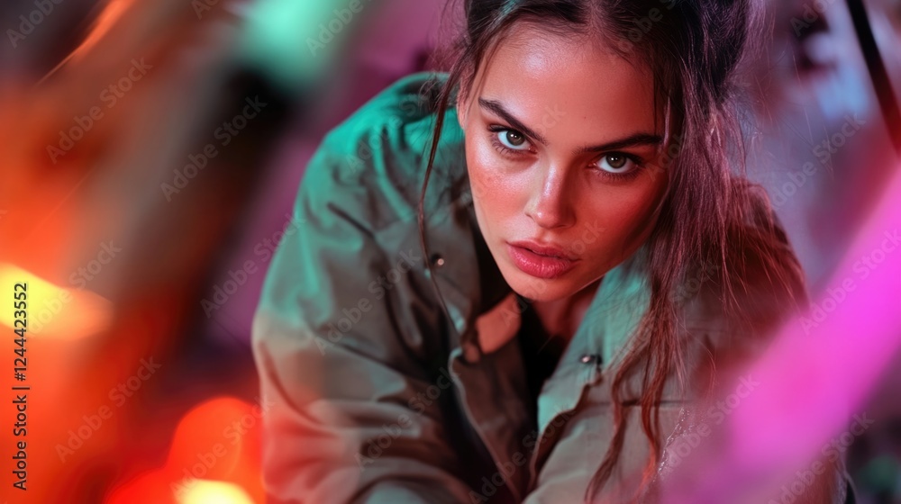 Fototapeta premium Young caucasian female with intense gaze in colorful lighting setup