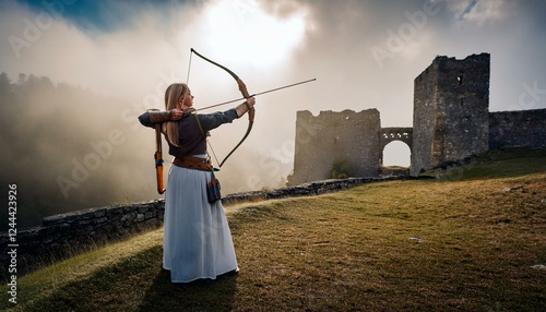 Generated image Traditional archer in medieval garb, bow drawn taut, arrow aimed at a distant target