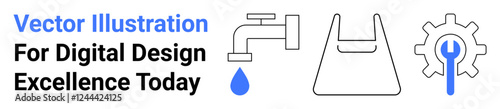 Faucet with water droplet, plastic bag outline, and cog with wrench symbolizing conservation, eco-friendly actions, and maintenance. Ideal for sustainability, water management, recycling, repair