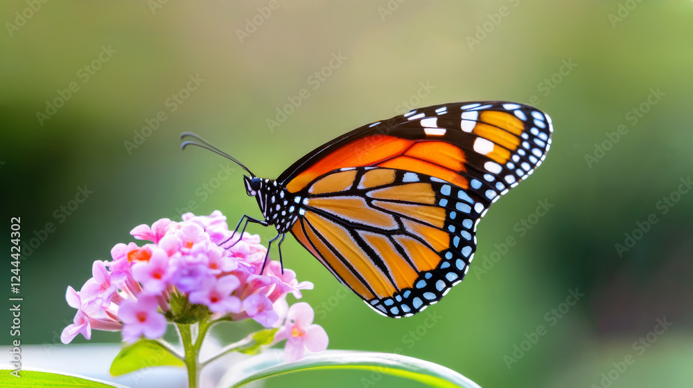 Vibrant monarch butterfly on pink blossoms. Vibrant monarch butterfly on pink blossoms.
