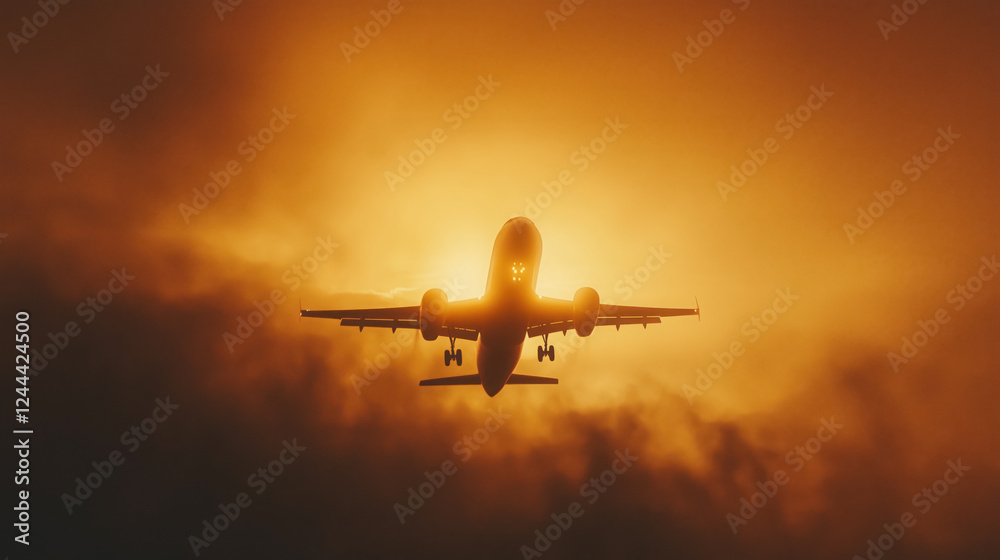 Passenger Airplane Ascending into the Sky at Dawn, Illuminated by the Golden Light of the Rising Sun Passenger Airplane Ascending into the Sky at Dawn, Illuminated by the Golden Light of the Rising Sun