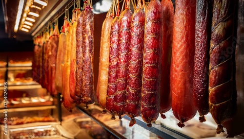 Generated image Turkish food bacon (pastirma) hanging on luxury delicatessen counter. traditional appetizer