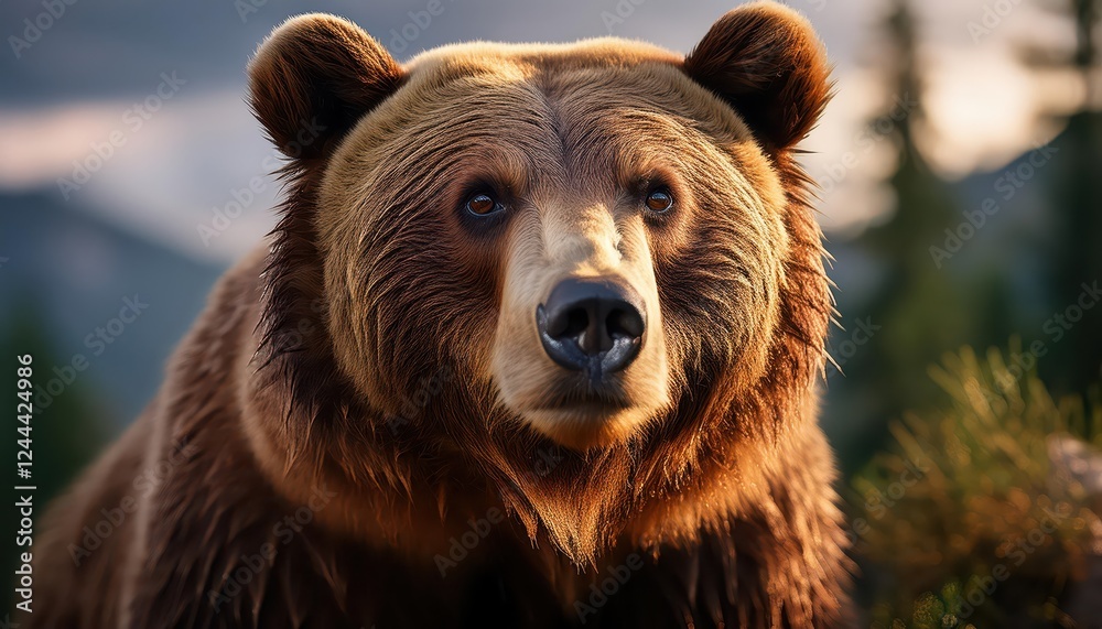 Majestic Brown Bear Roaming the Alaskan Wilderness at Dawn, Beneath a Crystal Clear Sky, Amidst SnowCapped Mountains and Glistening Icy Streams. Majestic Brown Bear Roaming the Alaskan Wilderness at Dawn, Beneath a Crystal Clear Sky, Amidst SnowCapped Mountains and Glistening Icy Streams.