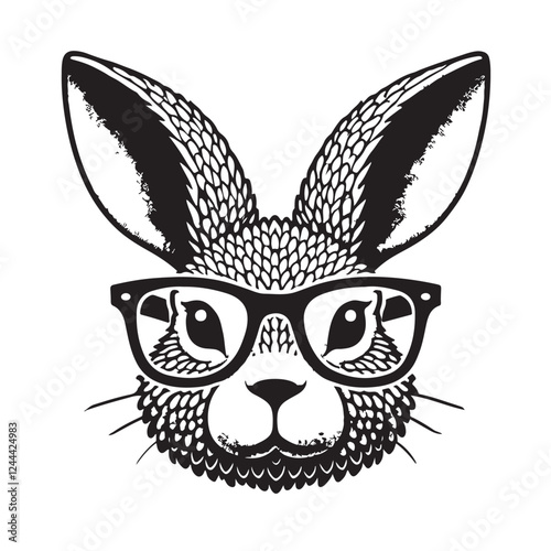 The image is a stylized, cartoonish illustration of a rabbit wearing glasses. The rabbit has large, pointed ears and a textured fur pattern. Design for clothing, packaging. Vector