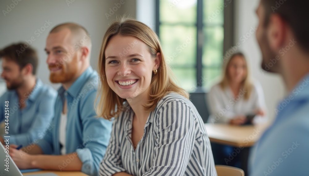 Obraz premium A cheerful woman with blonde hair smiles warmly at the camera, surrounded by colleagues engaged in a productive meeting. The atmosphere is vibrant and collaborative, highlighting teamwork and positive