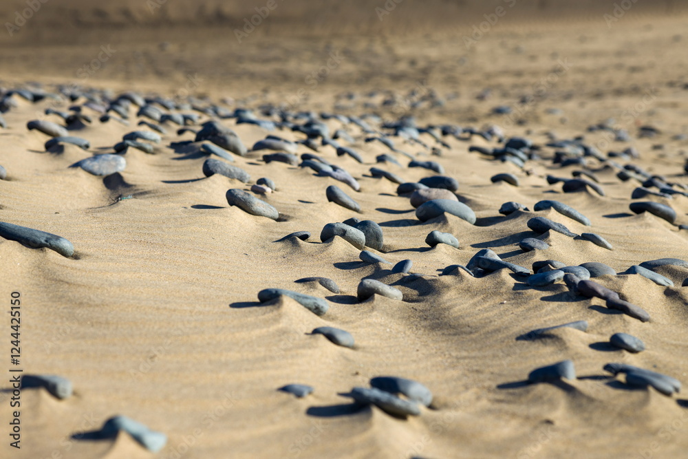 Maspalomas Dunes in Gran Canaria. Textured sand dunes with patterns, shadows, and faint footprints.