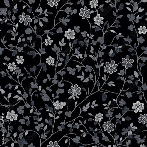 Gray Embroidered Flowers on Black Background pattern