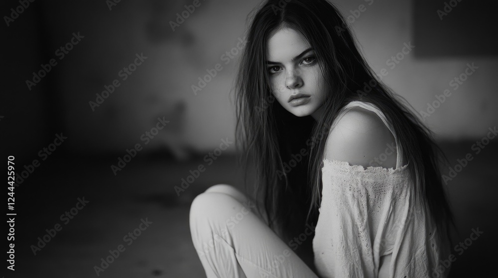 Young caucasian female in thoughtful pose, long hair, monochrome Young caucasian female in thoughtful pose, long hair, monochrome