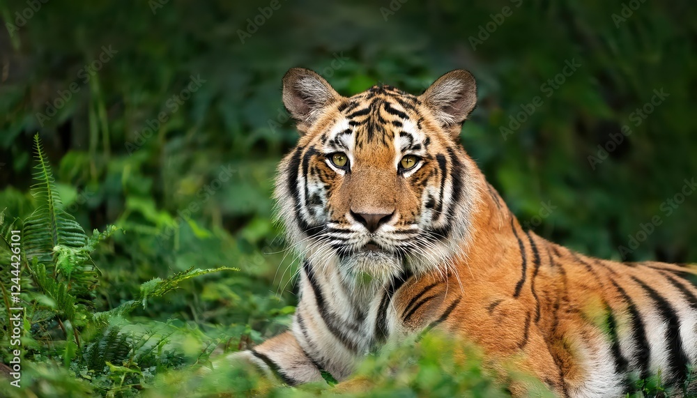 Majestic Bengal Tiger Strolling through Vibrant Jungle Oasis, Exuding Power and Tranquility in a Symphony of Rich Greens and Bold Textures. Majestic Bengal Tiger Strolling through Vibrant Jungle Oasis, Exuding Power and Tranquility in a Symphony of Rich Greens and Bold Textures.