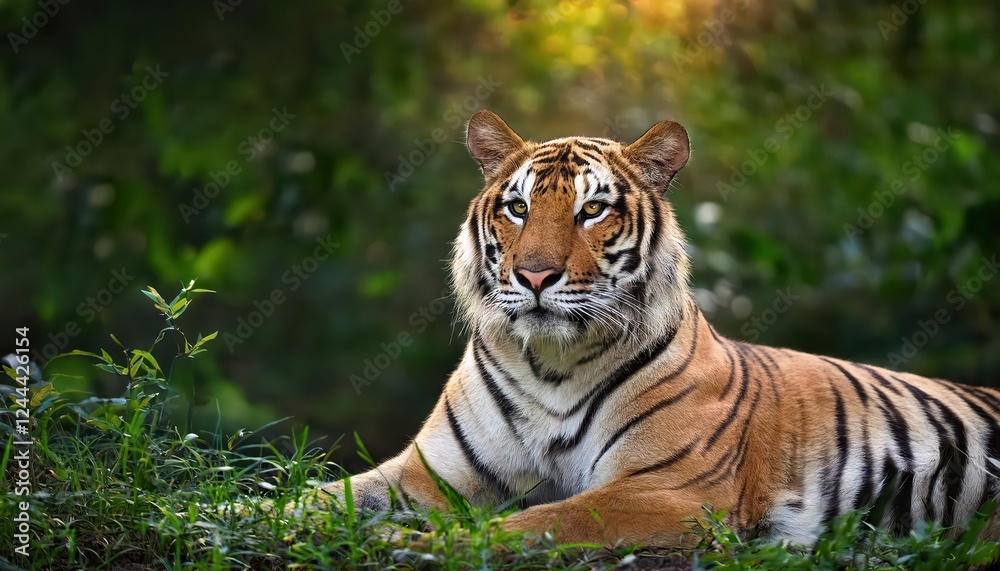 Majestic Bengal Tiger Roaming Through Vibrant, Verdant Forest, Showcasing Power and Grace Amidst Natures Beauty, Captured in Perfect Harmony with the Wild. Majestic Bengal Tiger Roaming Through Vibrant, Verdant Forest, Showcasing Power and Grace Amidst Natures Beauty, Captured in Perfect Harmony with the Wild.
