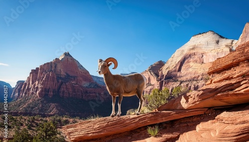 Majestic Bighorn Sheep Amidst the RedStoned Superstition Mountains at Dusk in Zion National Park, Showcasing AweInspiring Rock Formations and Serene Wilderness photo