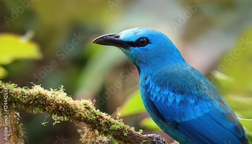 Vibrant and Majestic Blue Bird Cotinga, Perched on Lush Green Bough, Showcasing Stunning Feather Patterns in the Early Morning Rainforest