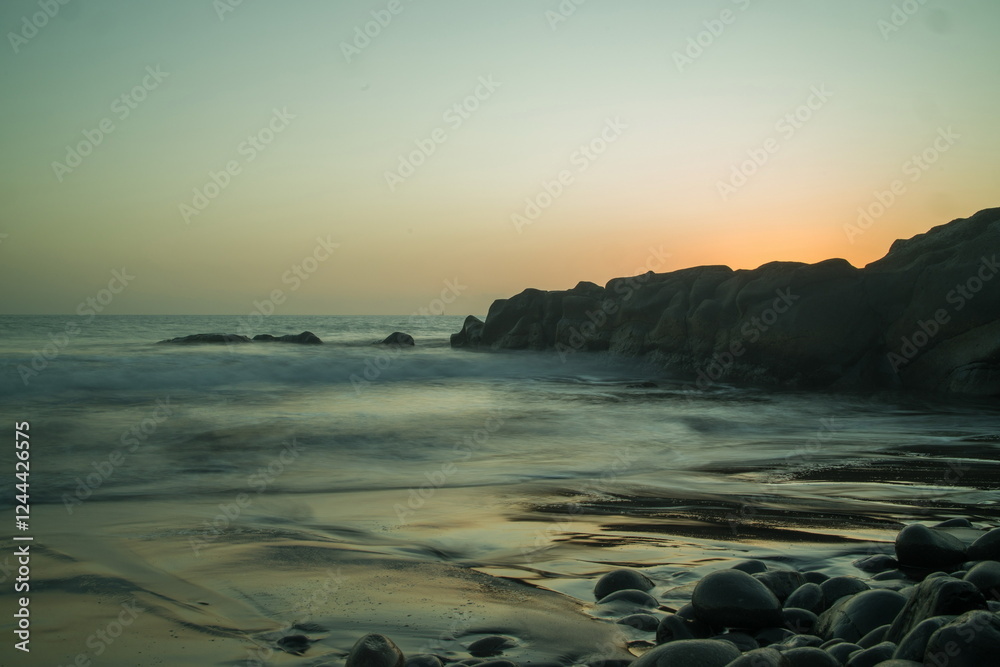 Rocky beach in Gran Canaria at sunset, sunrise.