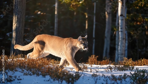 Majestic Canadian Cougar Hunting in Forest Morning Glow Puma Concolor Basks in Sunrays amid Canadas Wilderness, Evoking Power and Serenity photo