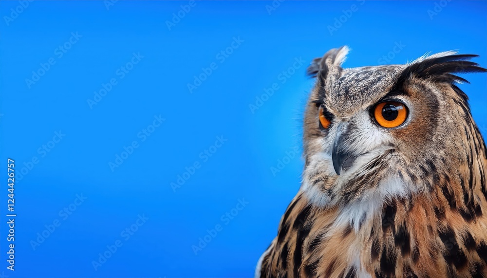 Obraz premium Majestic Eagle Owl Perched Against a Vibrant Blue Backdrop, Showcasing Feathered Grandeur and Capturing the Enigmatic Beauty of Natures Apex Predator.