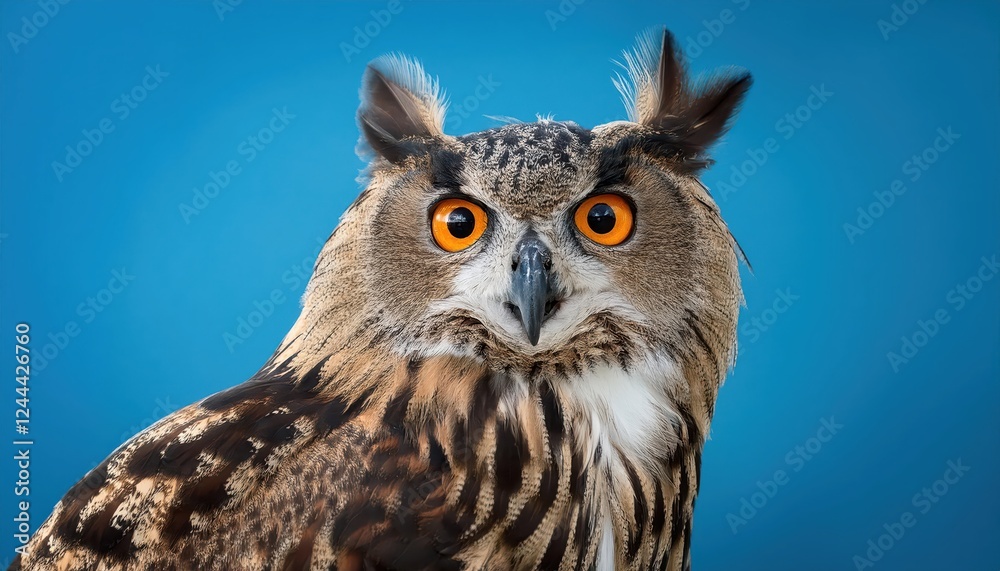 Striking Eagle Owl on Blue Background, Majestic Creature Amidst Serene Environment with Ample Space for Creative Compositions Striking Eagle Owl on Blue Background, Majestic Creature Amidst Serene Environment with Ample Space for Creative Compositions