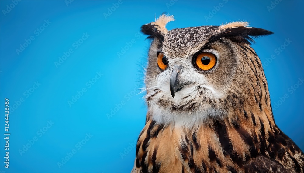Fototapeta premium Majestic Eagle Owl Perched Against a Vibrant Blue Backdrop, Showcasing Striking Detail and Captivating Beauty in an Artistic Portrait.